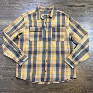 prAna Shirt Mens XL Yellow Gray Plaid Flannel Button Front Outdoor Hiking Pocket